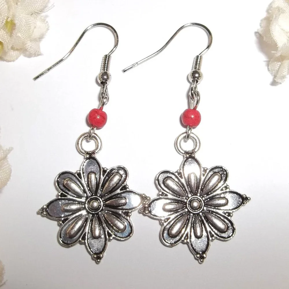 Boho Earrings Red and Silver Flower Floral Bohemian Style Set Drop Pair A855